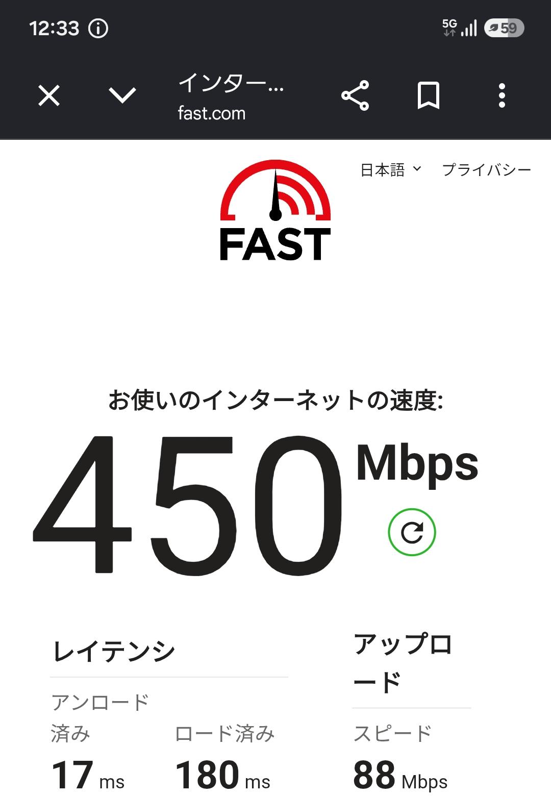 ahamoの実測スクリーンショット：昼12:33・自宅で下り450Mbps（FAST.com）