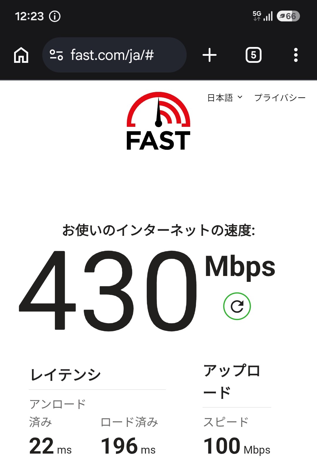 ahamoの実測スクリーンショット：昼12:23・自宅で下り430Mbps（FAST.com）