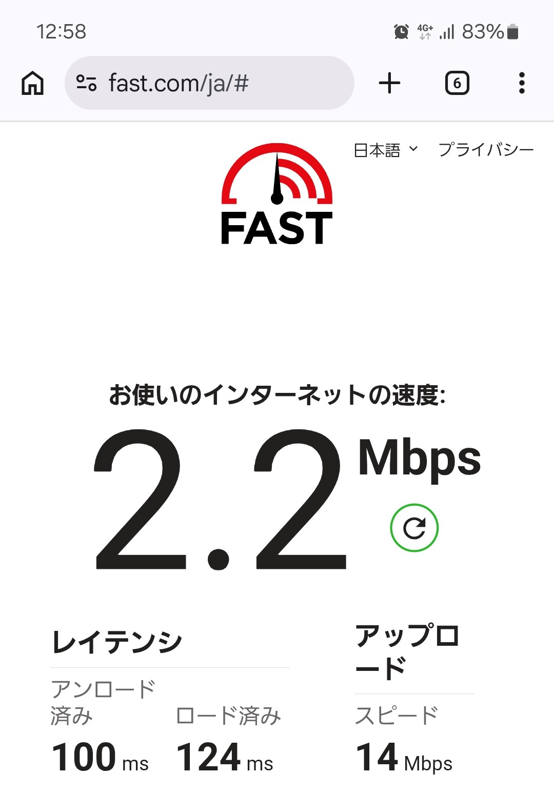 IIJmioの実測スクリーンショット:8/14 12:58・自宅の昼ピークで下り2.2Mbps(FAST.com)