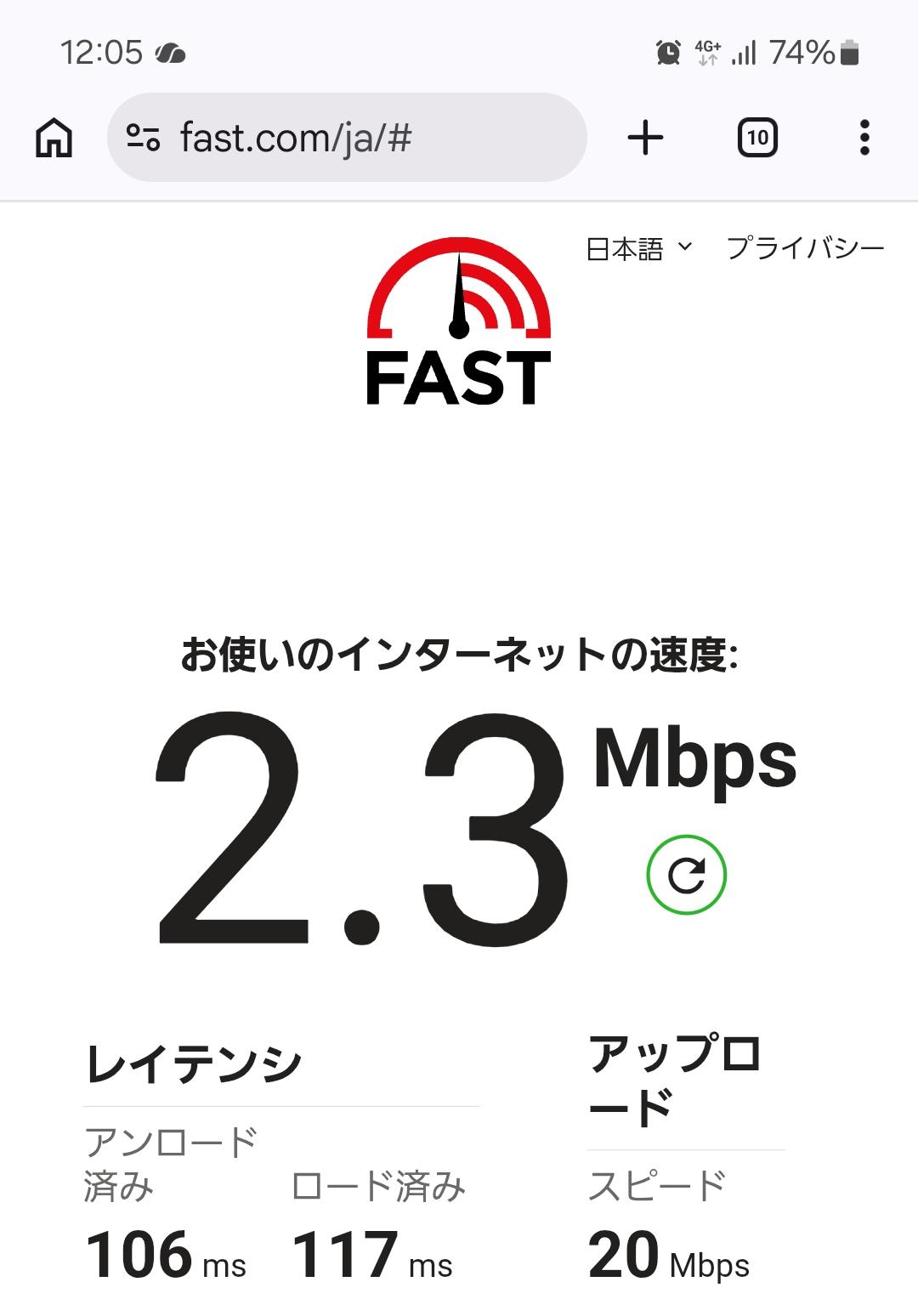 IIJmioの実測スクリーンショット:8/28 12:05・自宅の昼で下り2.3Mbps(FAST.com)